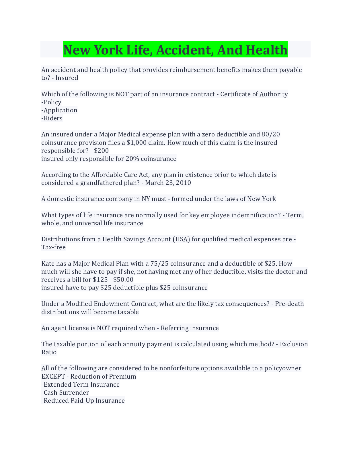 New York Life, Accident, And Health Questions And Answers Latest Update